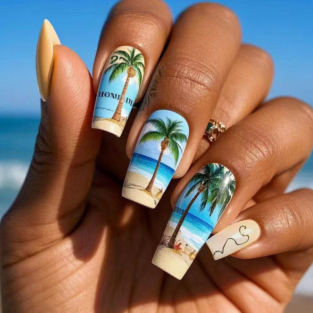 Tropical Paradise Medium Coffin Shape Blue and Beige with Palm Tree Art Nail Set
