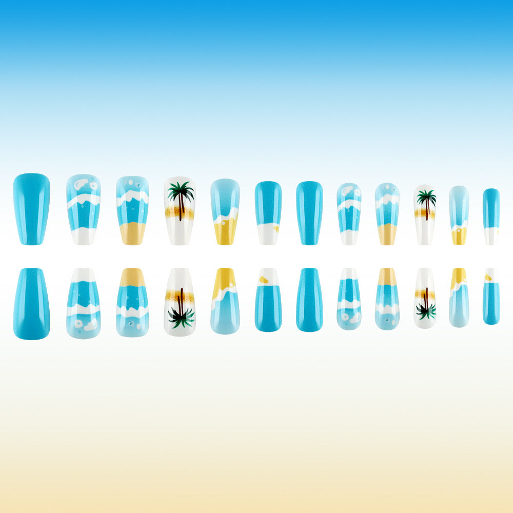 Tropical Paradise Medium Coffin Sea Blue Gradient Press On Nail Set with Palm Tree and Sunset Design