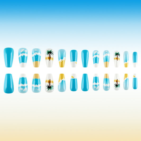Tropical Paradise Medium Coffin Sea Blue Gradient Press On Nail Set with Palm Tree and Sunset Design