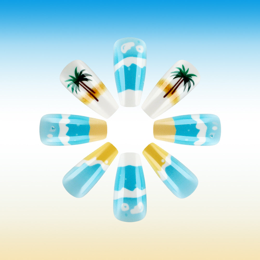Tropical Paradise Medium Coffin Shaped Sky Blue and White Nail Set Featuring Vibrant Palm Tree Designs