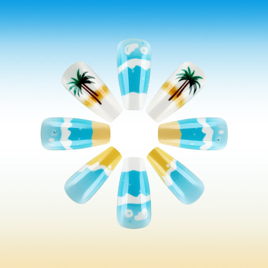 Tropical Paradise Medium Coffin Shaped Sky Blue and White Nail Set Featuring Vibrant Palm Tree Designs
