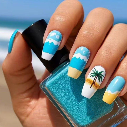 Tropical Paradise Medium Coffin Turquoise Press On Nail Set with Beach Sunset Design