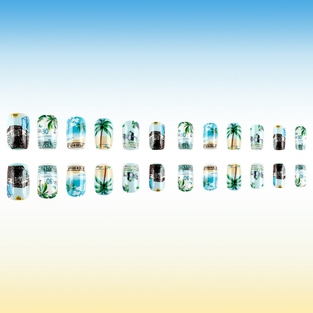 Tropical Paradise Press-On Nail Set Medium Coffin Mint Green with Vibrant Palm Tree Designs