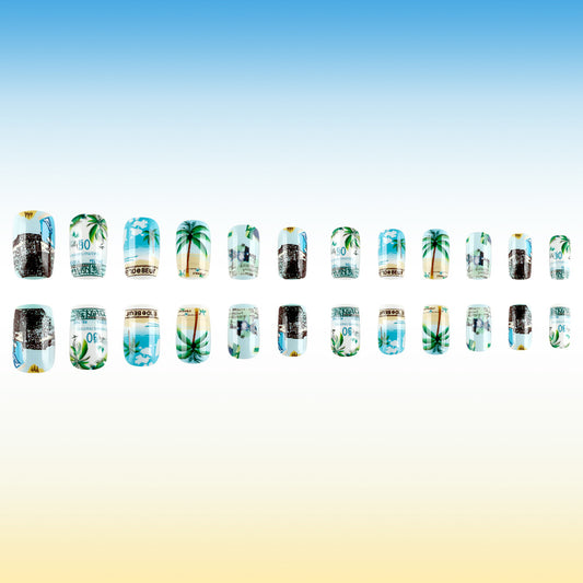 Tropical Paradise Press-On Nail Set Medium Coffin Mint Green with Vibrant Palm Tree Designs