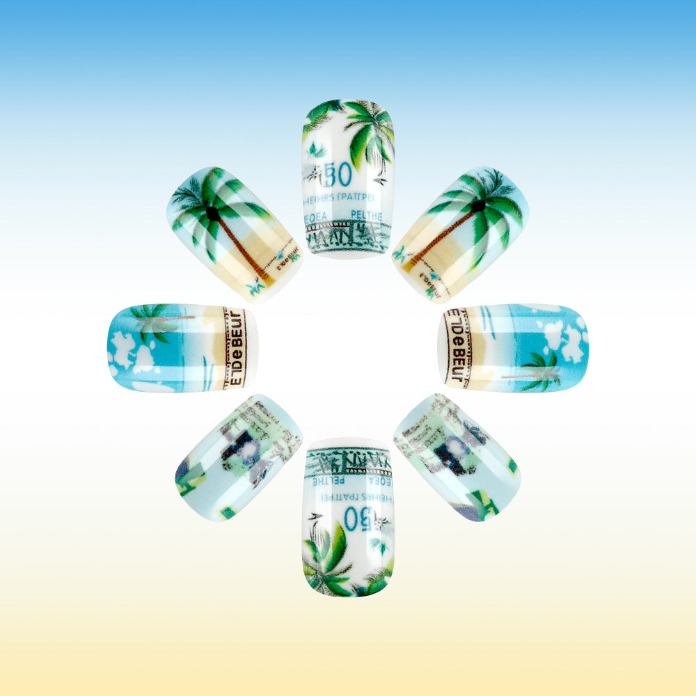 Tropical Vibes Long Square Light Blue with Palm Tree and Money Design Press On Nail Set