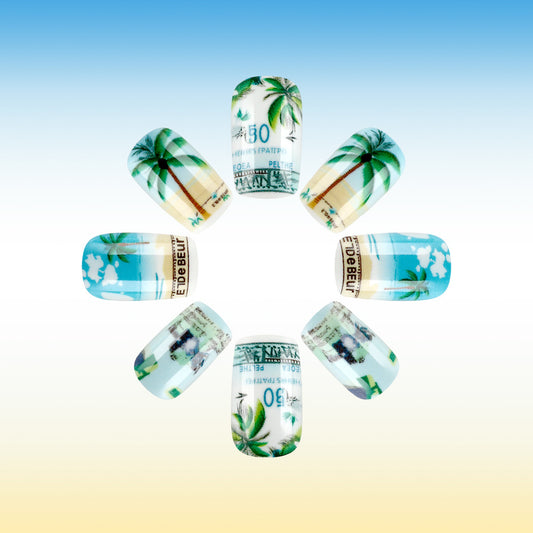 Tropical Vibes Long Square Light Blue with Palm Tree and Money Design Press On Nail Set