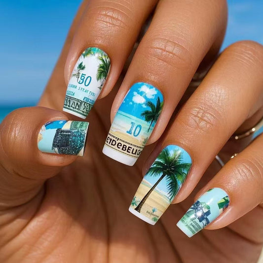 Tropical Vibes Long Square Mint with Palm Tree Beach Scene Press On Nail Set