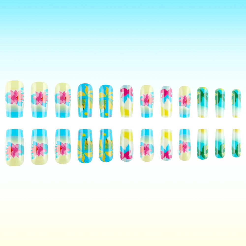 Tropical Escape Long Square Blue and Yellow Nails with Floral Design