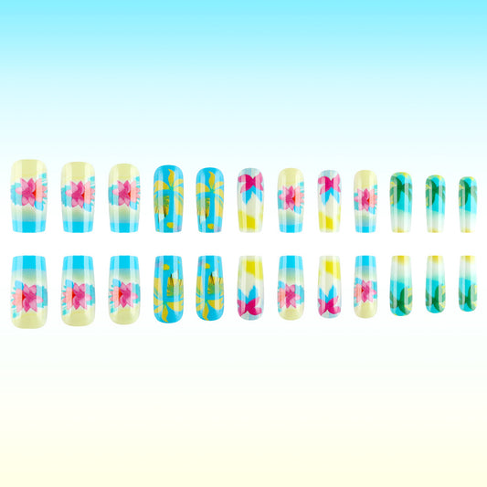 Tropical Escape Long Square Blue and Yellow Nails with Floral Design