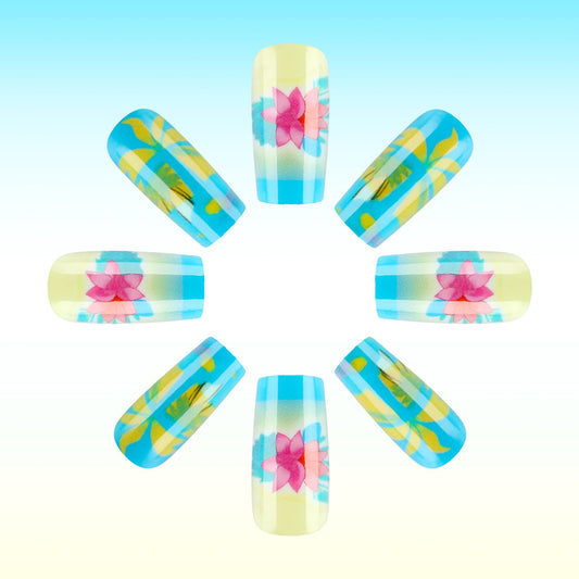 Tropical Oasis Pastel Long Square Press On Nails with Floral Design and Gradient Finish