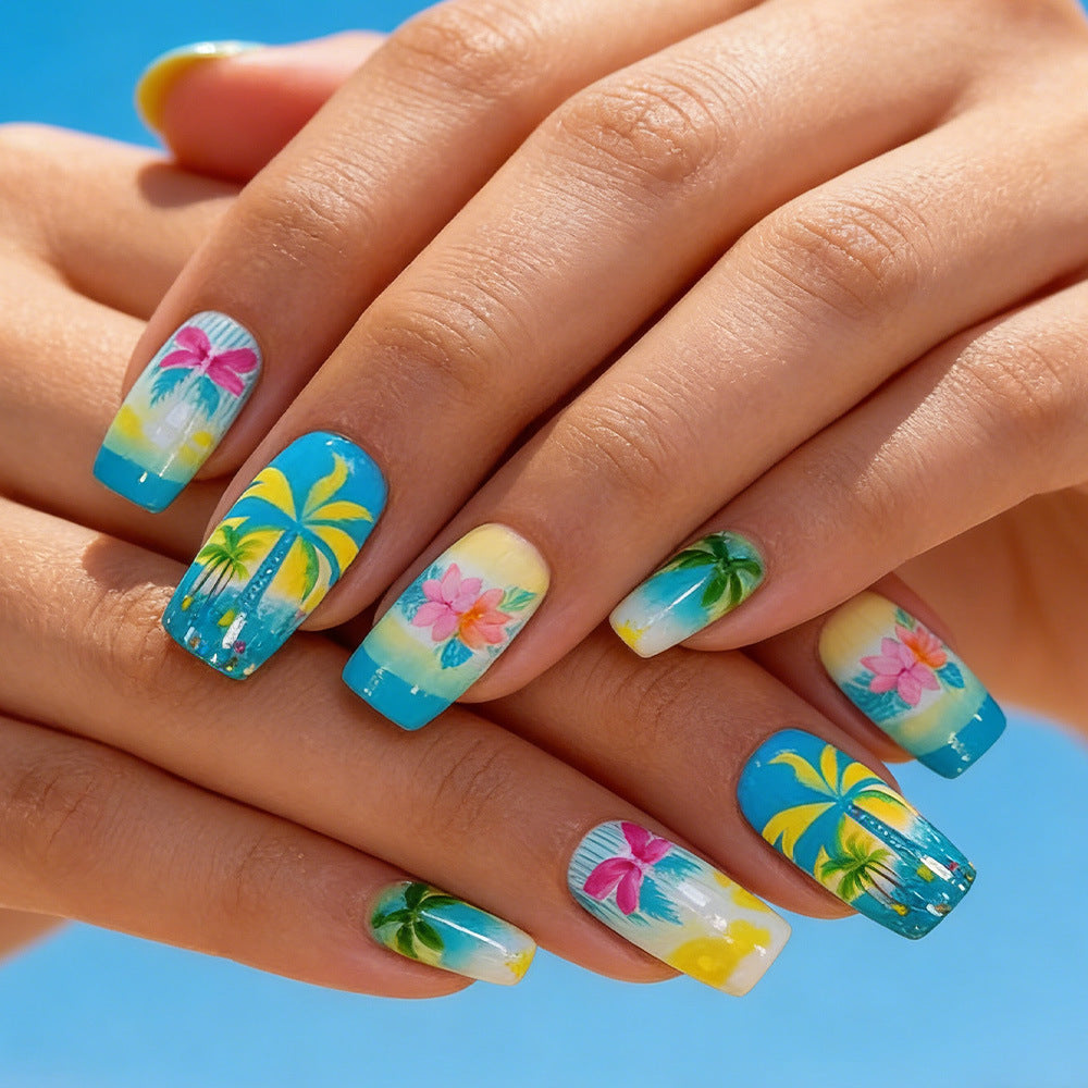Tropical Paradise Long Square Blue and Yellow with Floral and Palm Tree Designs Press On Nail Set