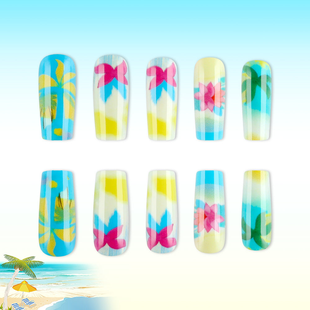 Tropical Paradise Long Square Blue and Yellow Floral Design Press On Nail Set