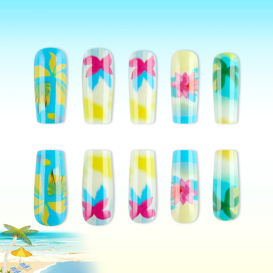 Tropical Paradise Long Square Blue and Yellow Floral Design Press On Nail Set