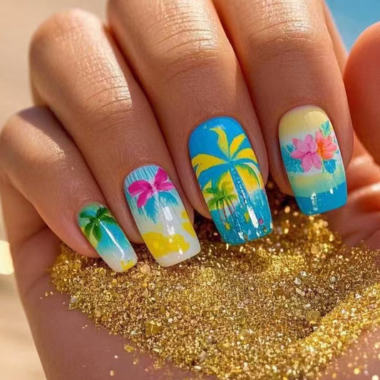Tropical Paradise Long Square Blue Press On Nail Set with Floral Designs