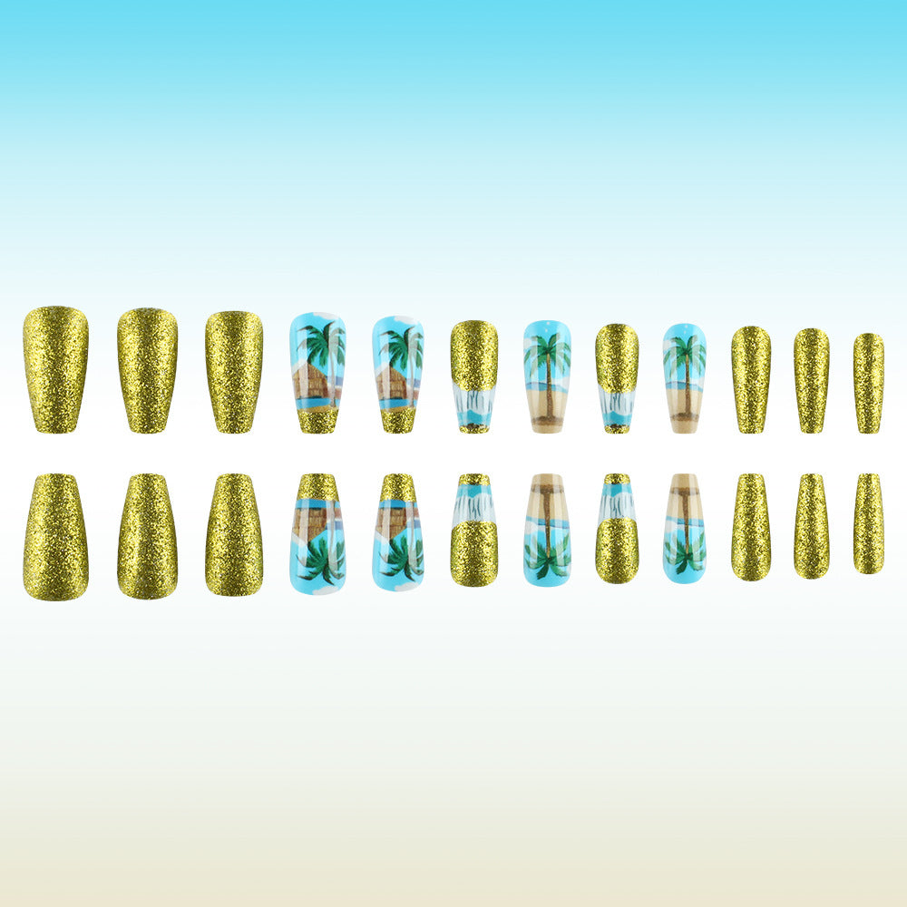 Tropical Paradise Long Coffin Glittering Gold Press On Nail Set with Vibrant Palm Tree Design