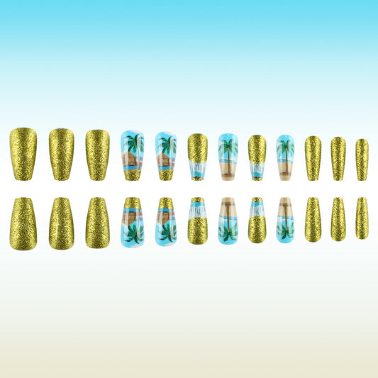 Tropical Paradise Long Coffin Glittering Gold Press On Nail Set with Vibrant Palm Tree Design