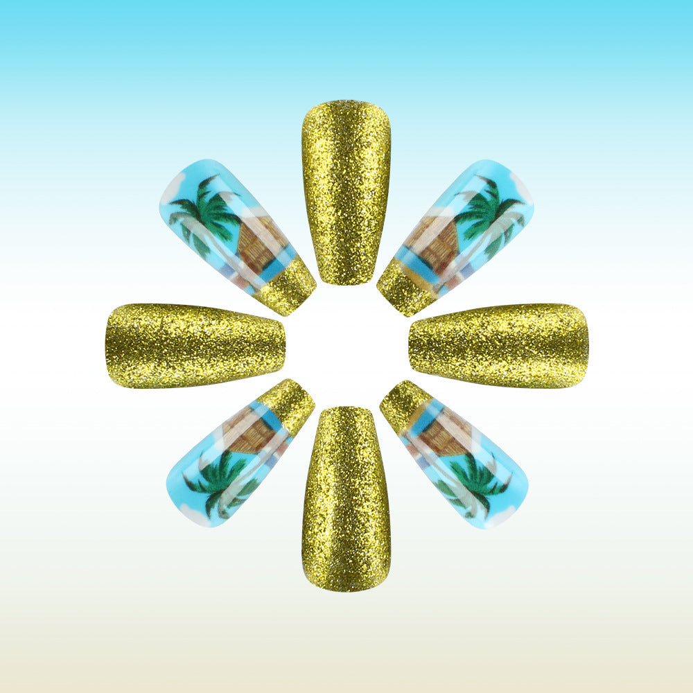 Tropical Paradise Glittering Golden Long Coffin Press On Nails with Palm Tree Design