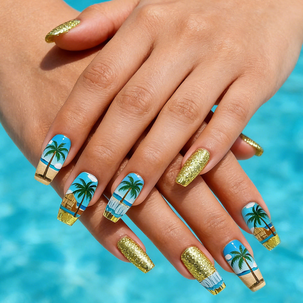 Tropical Paradise Long Square Blue and Gold Press On Nail Set with Beach Themed Art