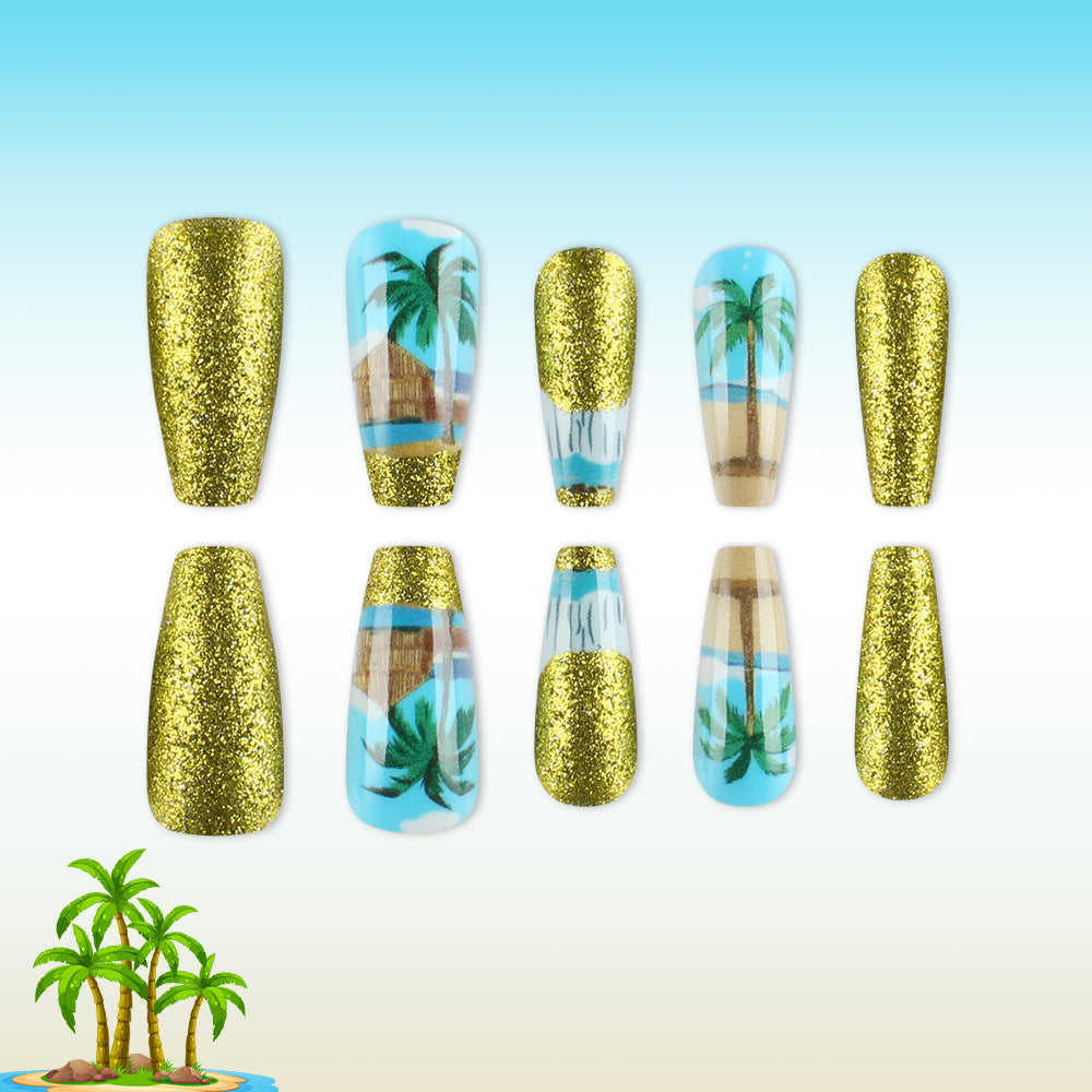 Tropical Paradise Press on Nail Set Long Coffin Shaped Glittering Gold and Beach Scene Design