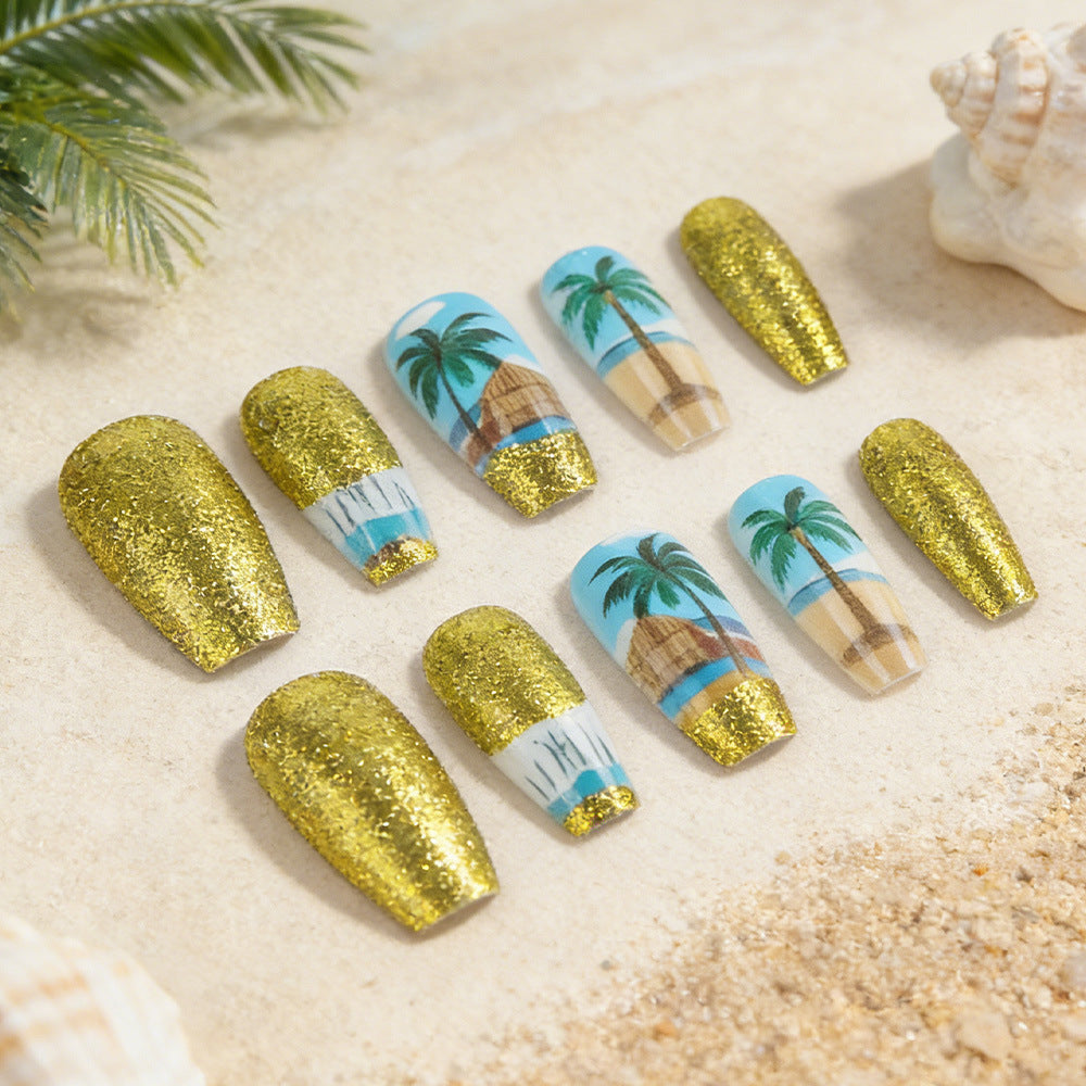 Tropical Paradise Glamorous Long Coffin Gold Glitter and Scenic Beach Press on Nail Set