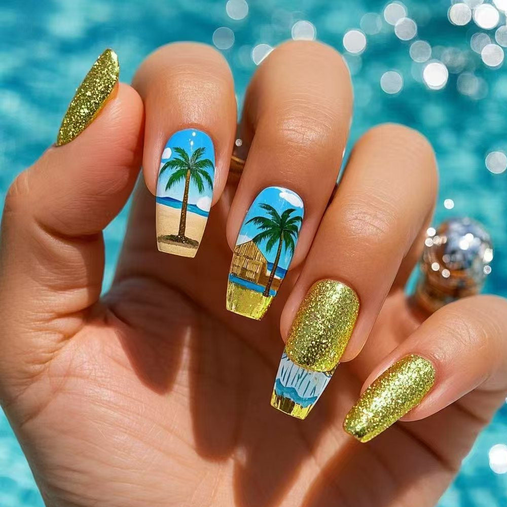 Tropical Paradise Long Coffin Aquamarine and Golden Glittery Nail Set with Stunning Palm Tree Art