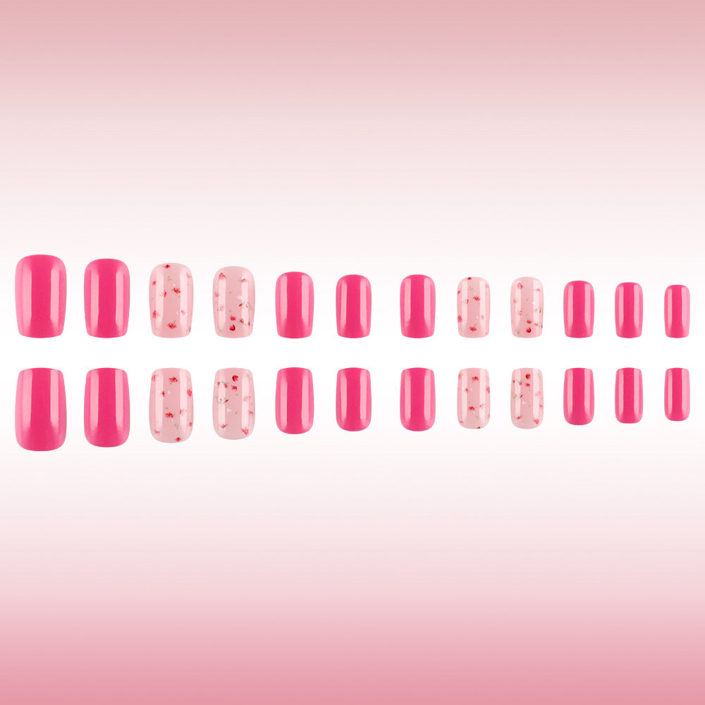 Blossom Bliss Press-On Nail Set Short Square Bright Pink with Floral Accents