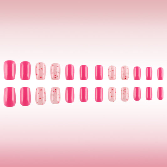 Blossom Bliss Press-On Nail Set Short Square Bright Pink with Floral Accents