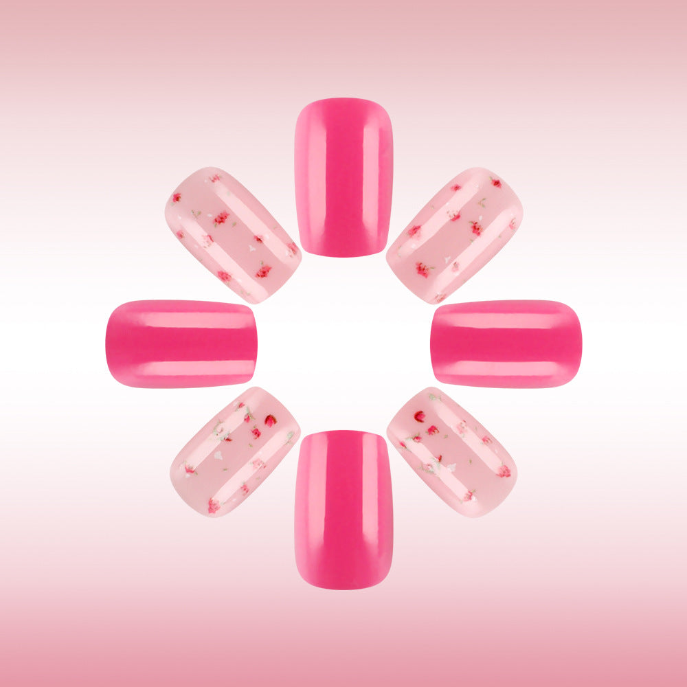 Floral Fantasy Short Square Bright Pink Press on Nail Set with Delicate Rose Design