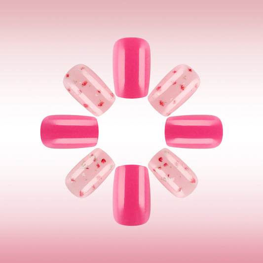Floral Fantasy Short Square Bright Pink Press on Nail Set with Delicate Rose Design
