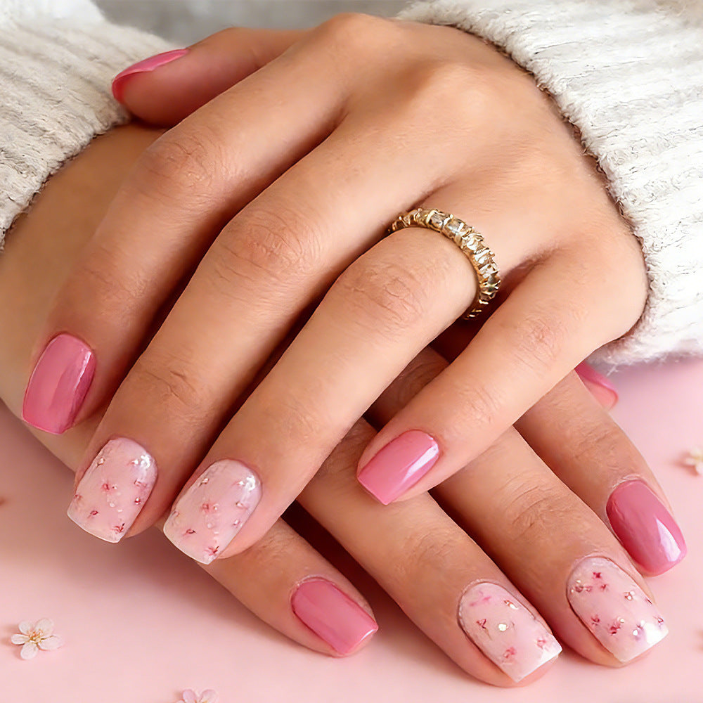Blossoming Elegance Short Square Pink Press On Nail Set with Floral Delight