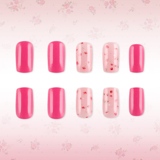 Floral Fantasy Glossy Medium Square Pink Nail Set with Delicate Flower Accents