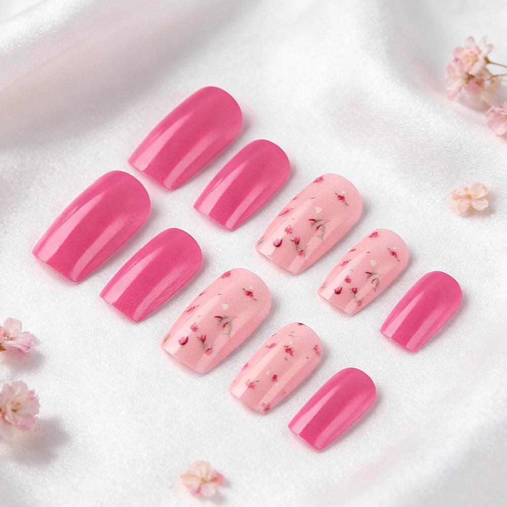 Blossom Dreams Medium Square Pink Press-On Nail Set with Delicate Floral Design