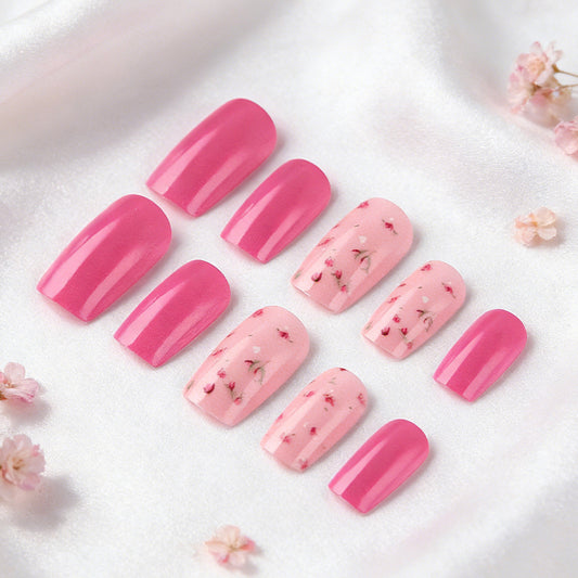 Blossom Dreams Medium Square Pink Press-On Nail Set with Delicate Floral Design