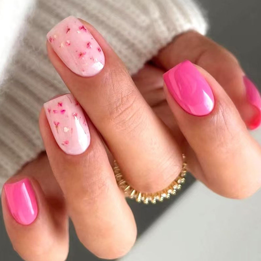 Floral Dreams Short Square Blush Pink and Vibrant Pink Press On Nail Set with Glitter Accent