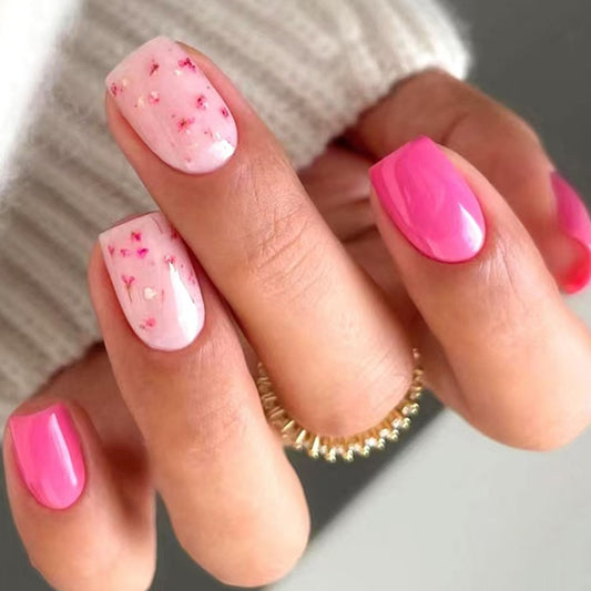 Floral Dreams Short Square Blush Pink and Vibrant Pink Press On Nail Set with Glitter Accent