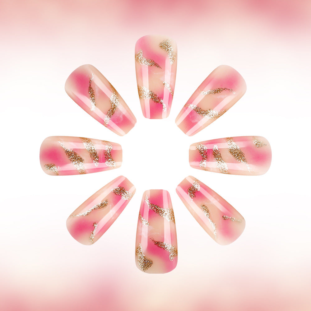 Enchanted Radiance Long Coffin Pink with Gold Swirl Design Press-On Nail Set