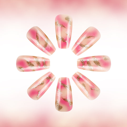 Enchanted Radiance Long Coffin Pink with Gold Swirl Design Press-On Nail Set