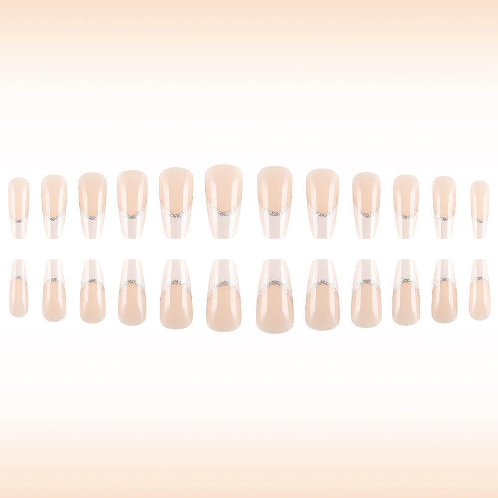 Elegant Dreamy Long Coffin Press On Nails in Soft Beige with Sparkling Accent Design