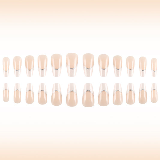 Elegant Dreamy Long Coffin Press On Nails in Soft Beige with Sparkling Accent Design