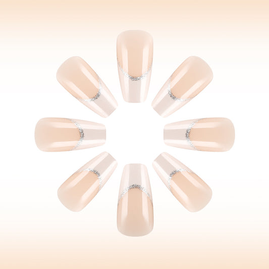 Glamorous Elegance Long Coffin Beige Press On Nail Set with Sparkling Accent