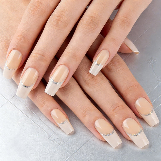 Glamorous Elegance Long Square Beige Press On Nail Set with Shimmering Accent Design