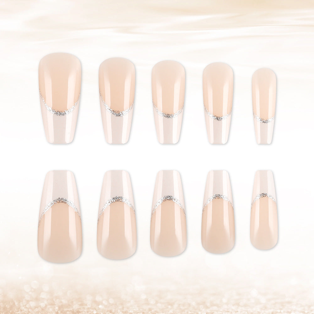 Elegant Serenity Long Coffin Beige Nails with Shimmering Silver Accent