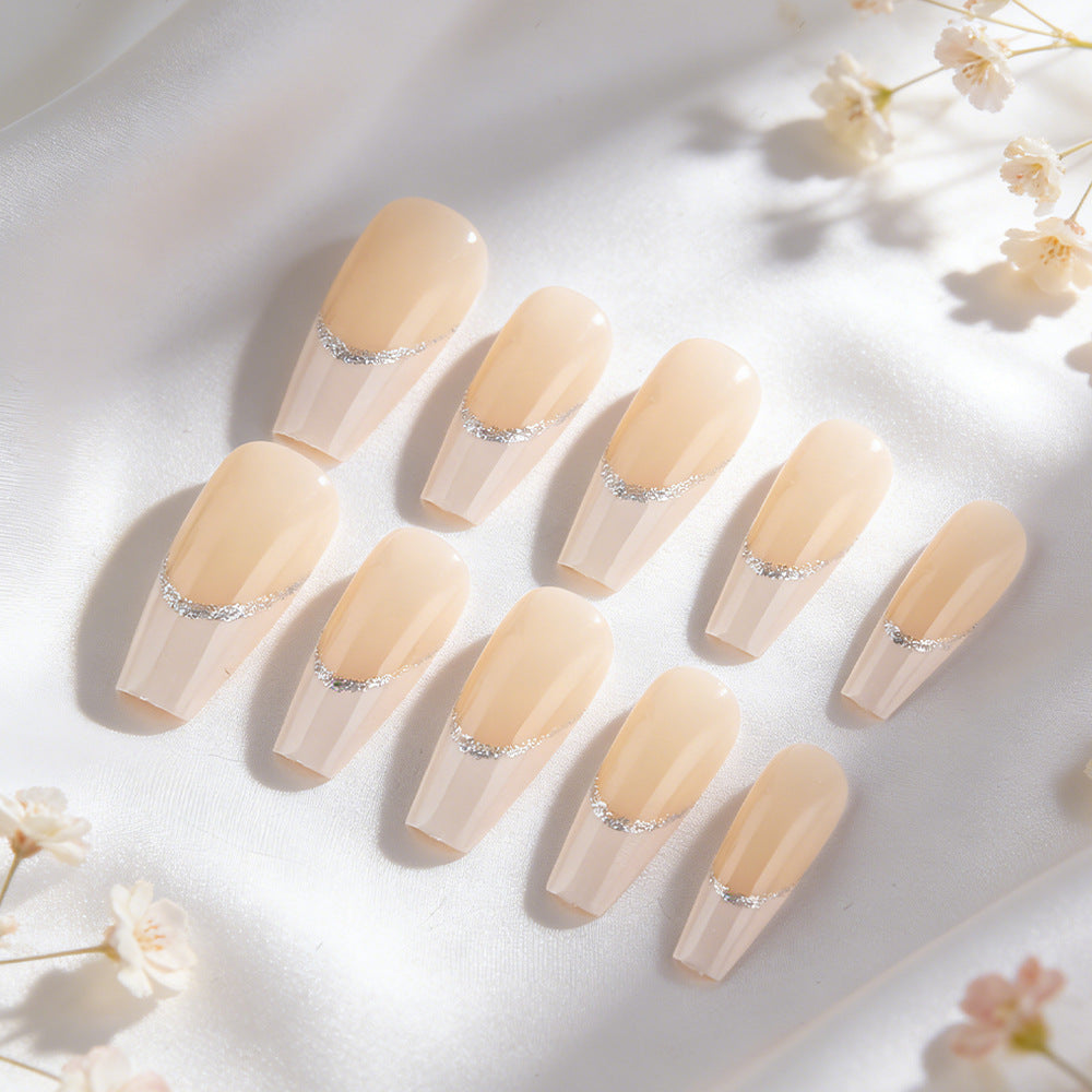 Elegant Serenity Beige Ombre Long Coffin Press-On Nail Set with Dazzling Silver Accents