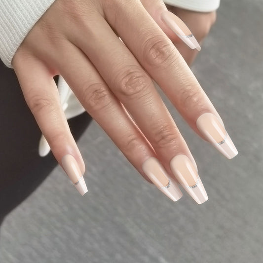 Glamorous Elegance Long Coffin Almond Beige Press on Nail Set with Sparkling Accent Detail
