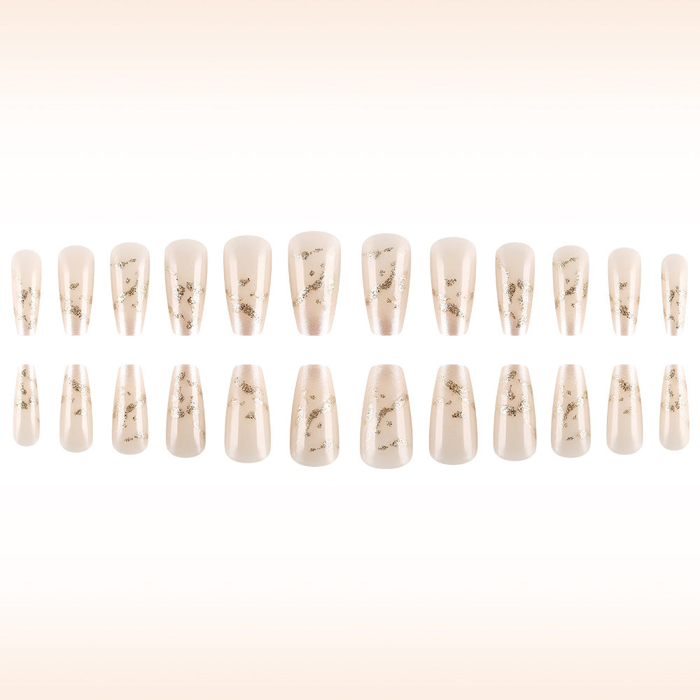 Gilded Garden Press-on Nail Set in Soft Long Coffin Beige with Elegant Gold Leaf Accent