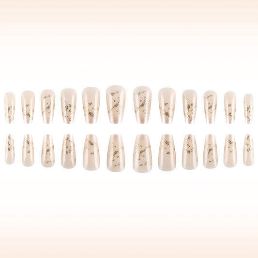 Gilded Garden Press-on Nail Set in Soft Long Coffin Beige with Elegant Gold Leaf Accent