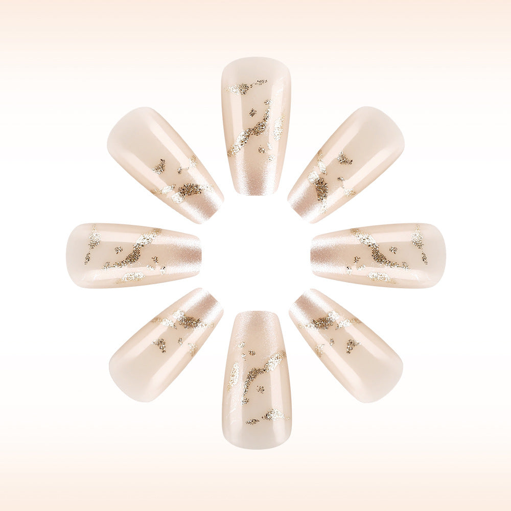 Glamorous Elegance Long Coffin Beige Color Press On Nail Set with Golden Glitter Accents