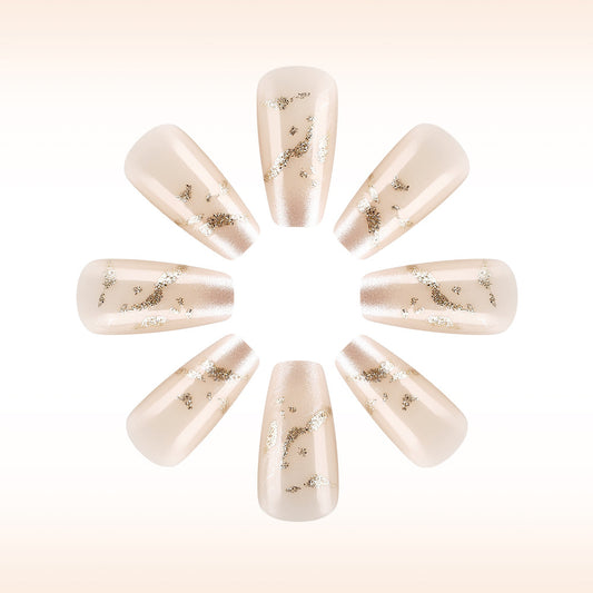 Glamorous Elegance Long Coffin Beige Color Press On Nail Set with Golden Glitter Accents