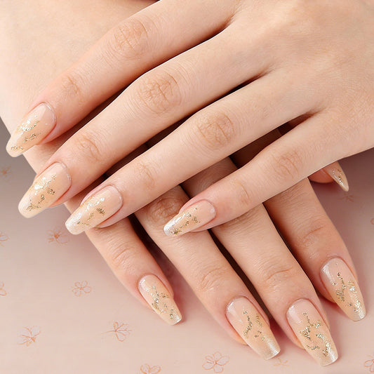 Elegant Garden Dream Long Coffin Beige Press-On Nails with Shimmering Gold Accents