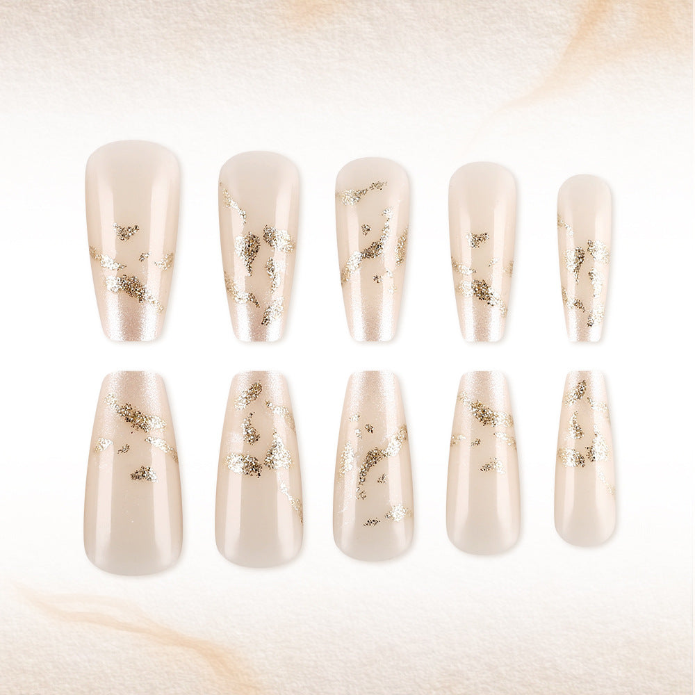 Gilded Elegance Long Coffin Neutral with Glitter Accents Press-On Nail Set